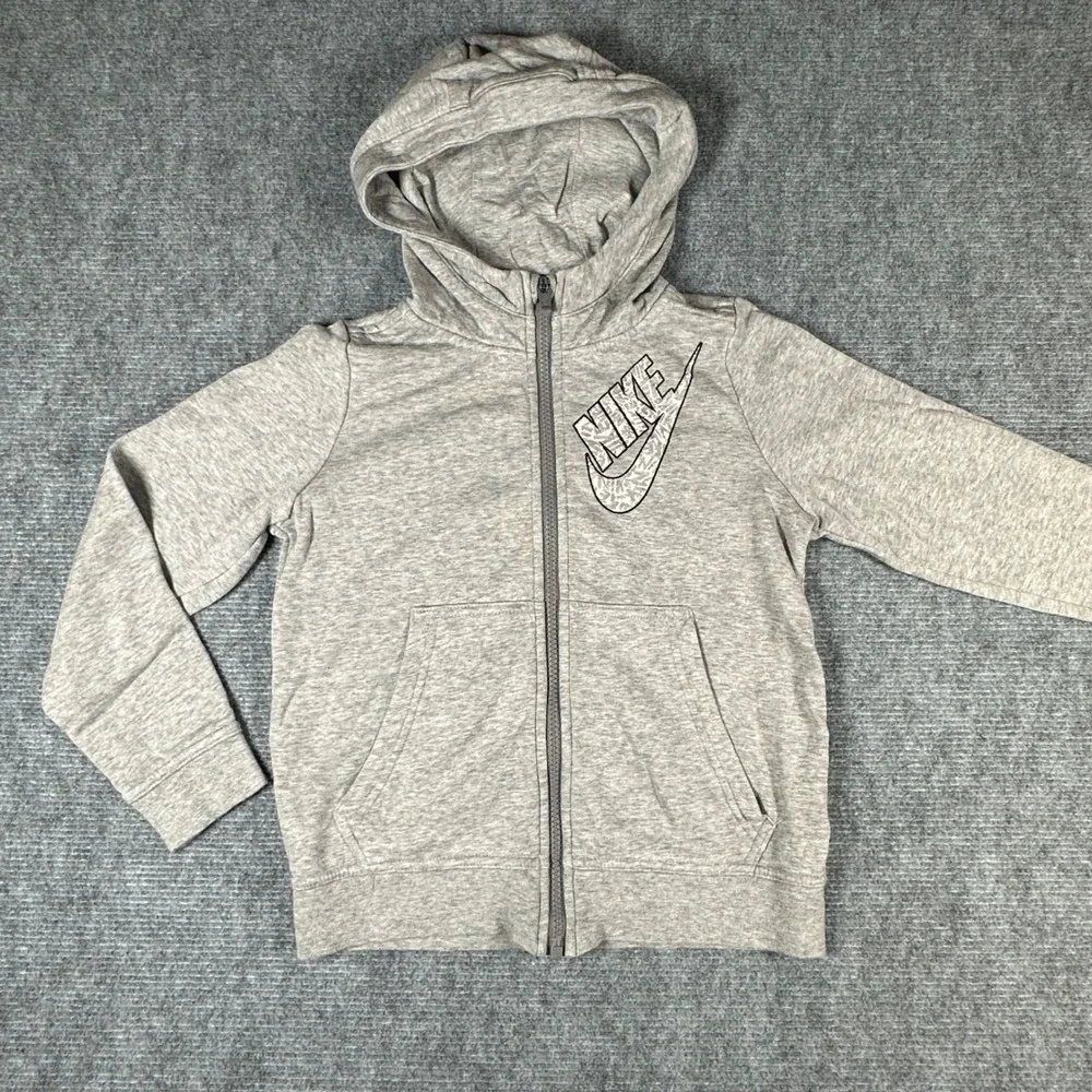 Nike Kids Full Zip Hoodie Heather Grey Swoosh Graphic Sweatshirt Size Small